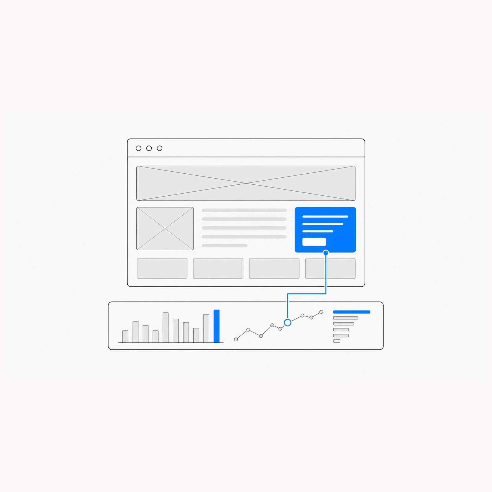 Webseiten-Layout mit blau hervorgehobenem Textfeld und verknüpften Daten-Diagrammen darunter.