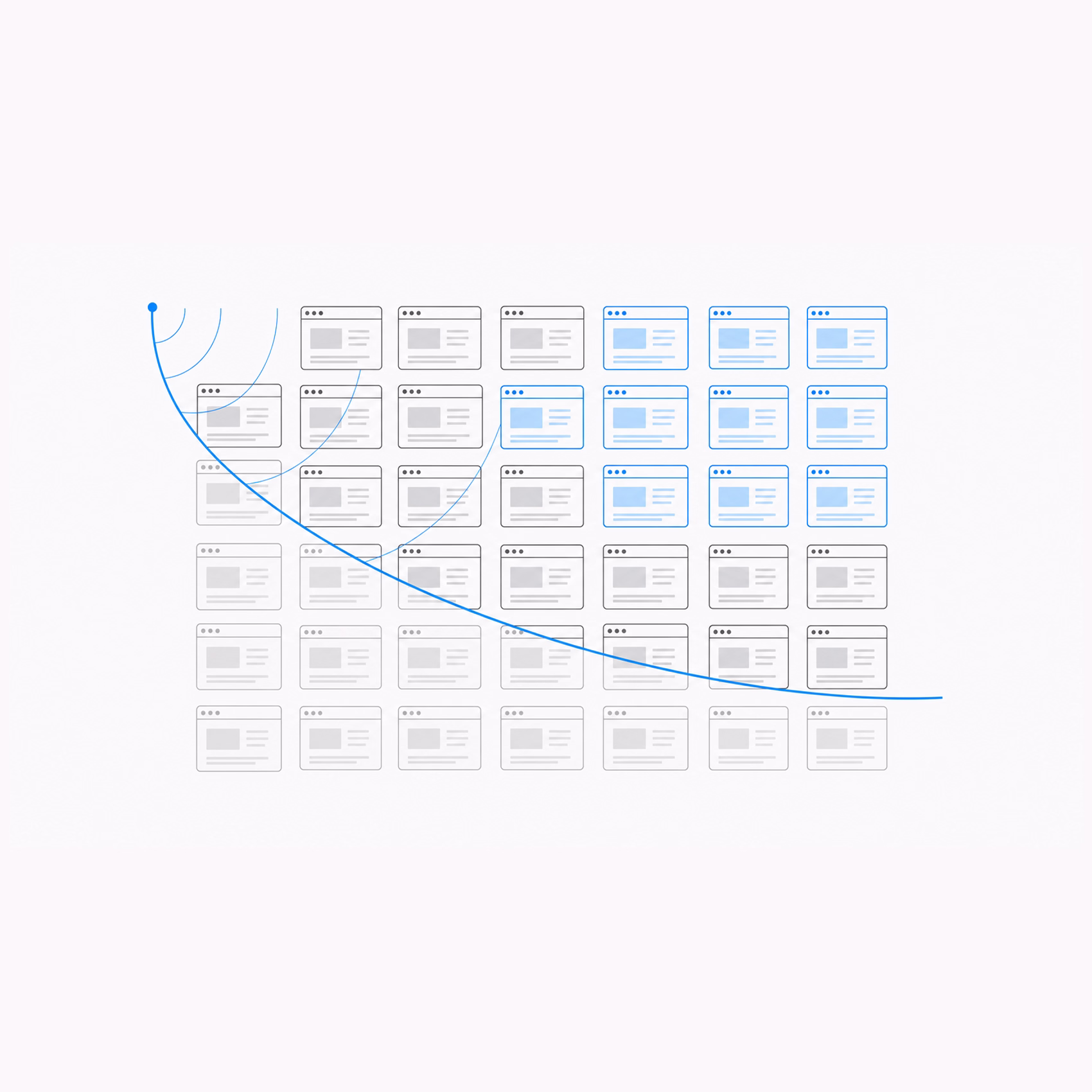 Illustration of multiple webpage windows with a decreasing blue curve and some windows highlighted in blue.