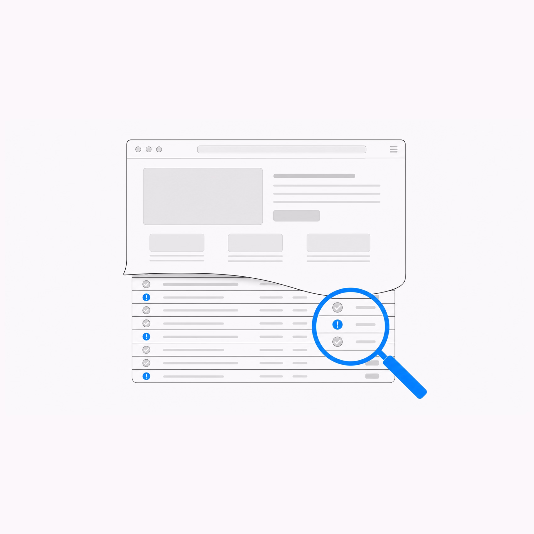 Browser window showing a table with checkmarks and exclamation marks, with a magnifying glass highlighting them.