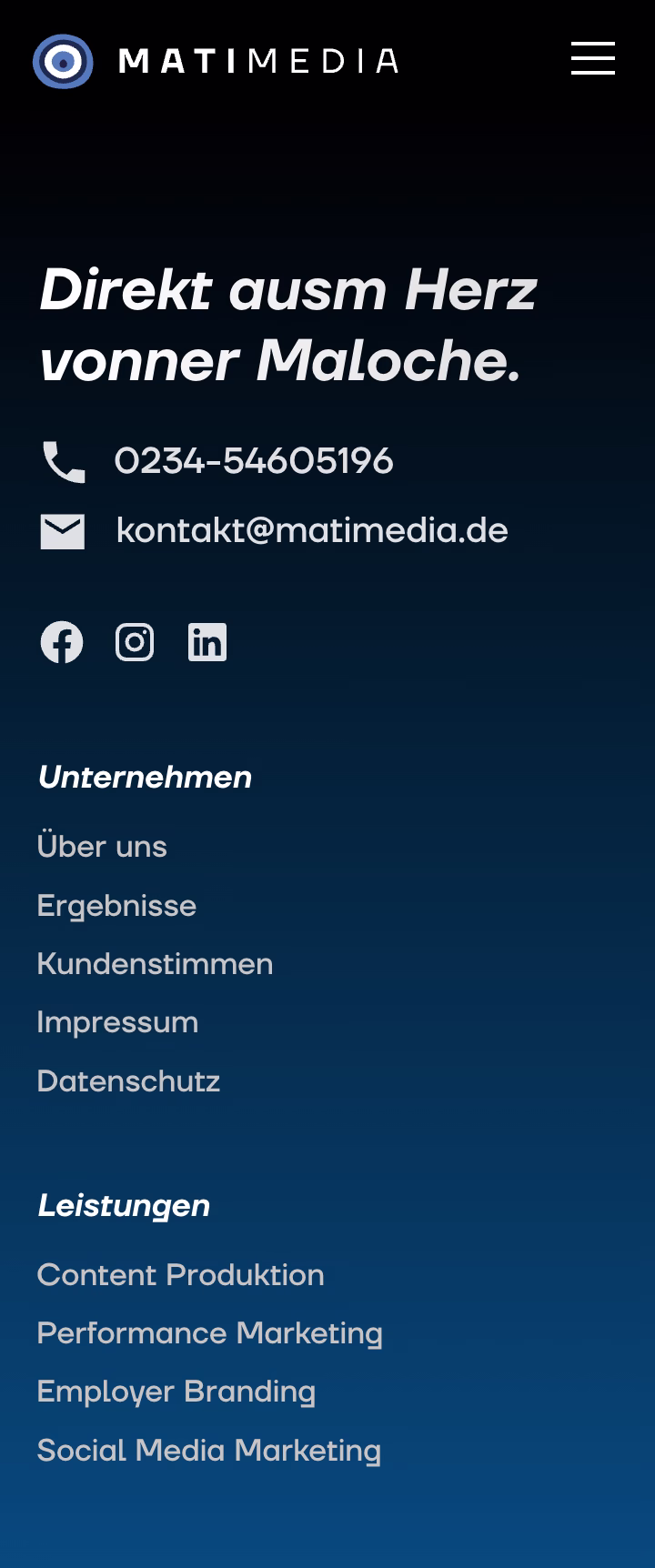 MATIMEDIA Kontakt mit Telefonnummer, E-Mail, Social Media Icons und Listen zu Unternehmen und Leistungen.
