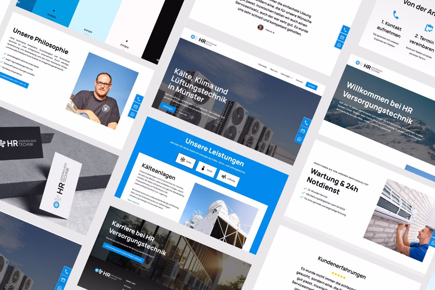 Webdesign-Layout der HR Versorgungstechnik mit Leistungen, Philosophie und Kundenbildern.