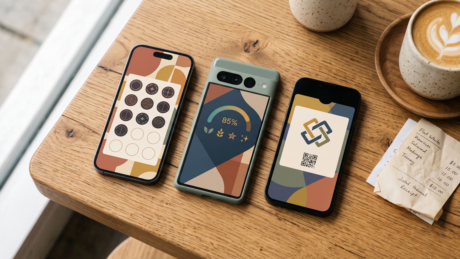 Three phones on a cafe table showing different loyalty card designs