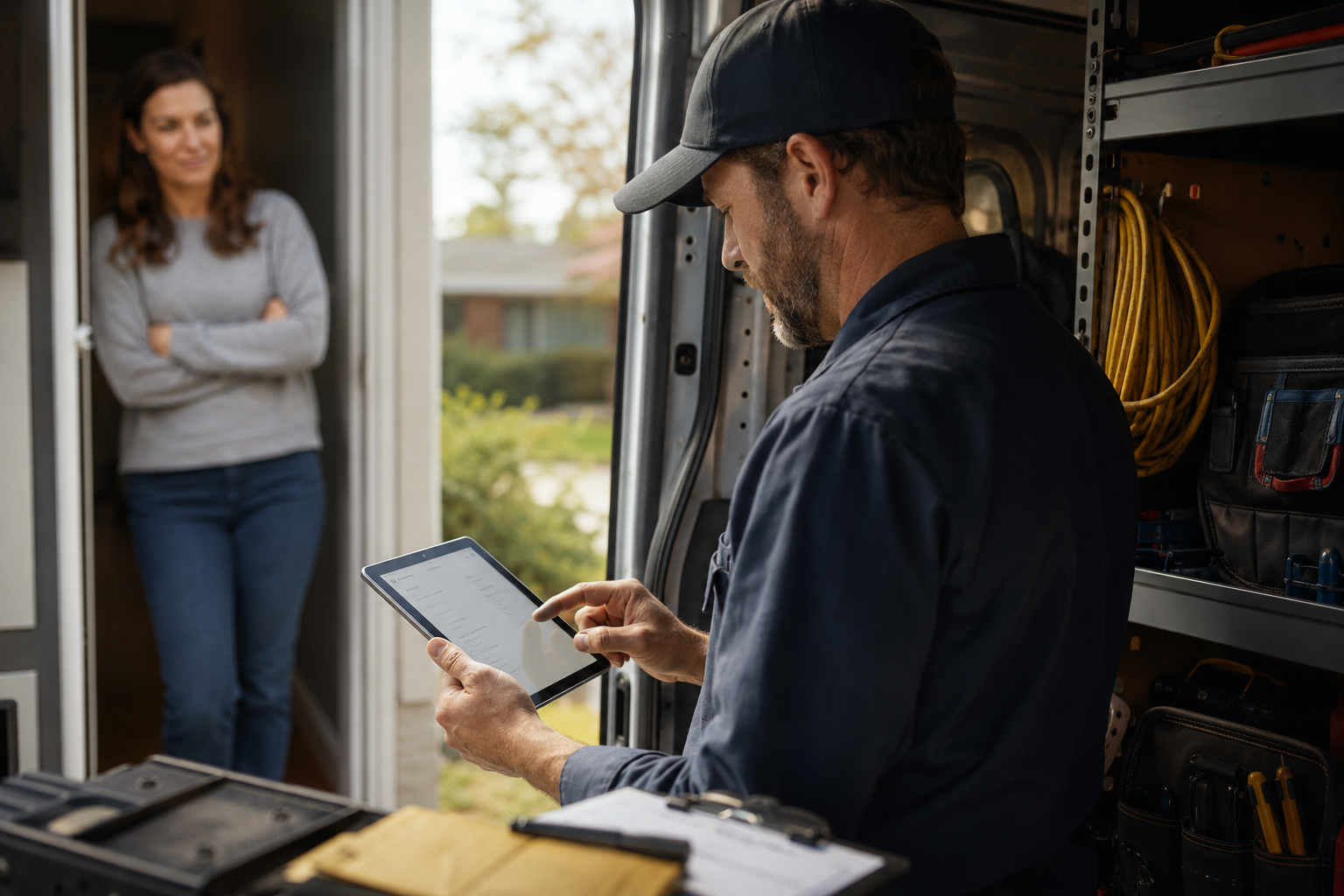 Field service technician reviewing a payment request on a tablet at a customer's front door, with the customer waiting in the doorway and a fully stocked service van in the foreground