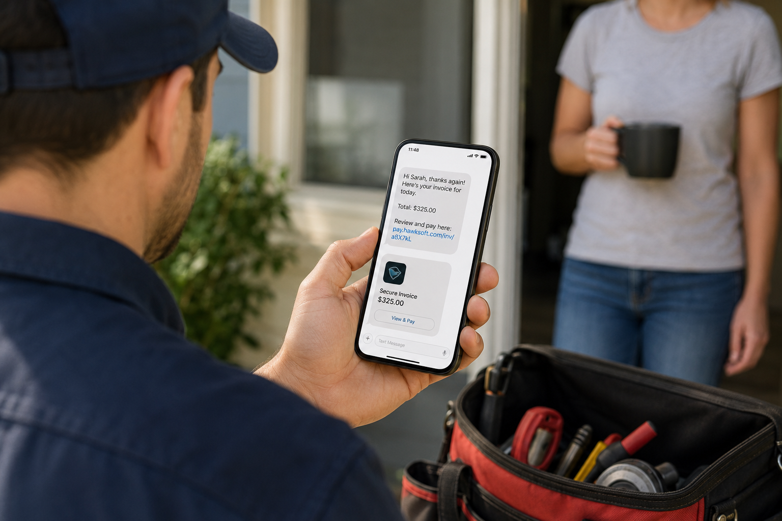 Field service technician holding a smartphone with a text-to-pay invoice while a customer stands in the doorway after a completed service visit.