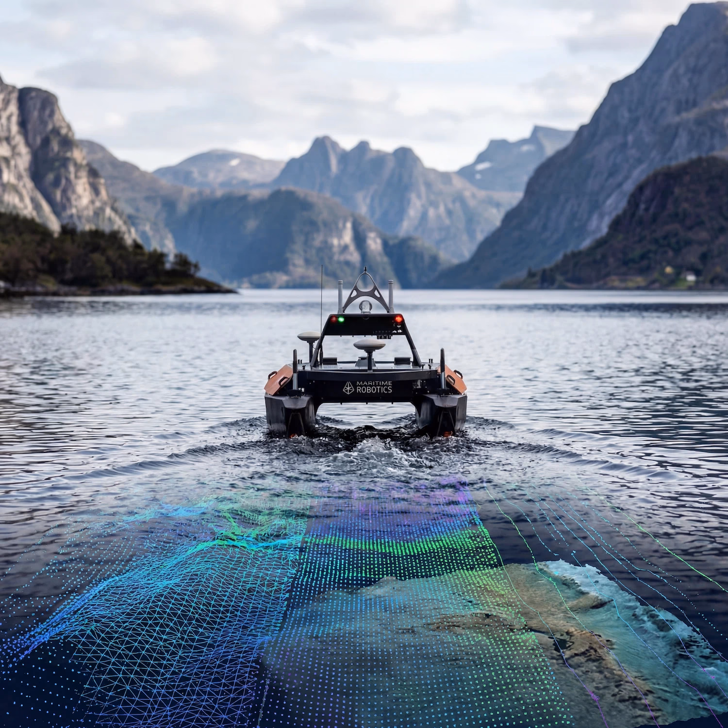 Autonom båt fra Maritime Robotics skanner undervannsterreng i fjord omringet av fjell.