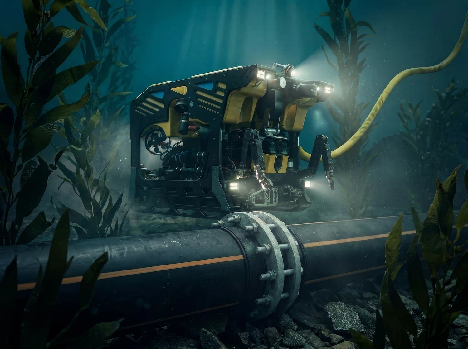 Undervannsrobot med lykt undersøker rørledning på havbunnen med tang og sjøplanter rundt.