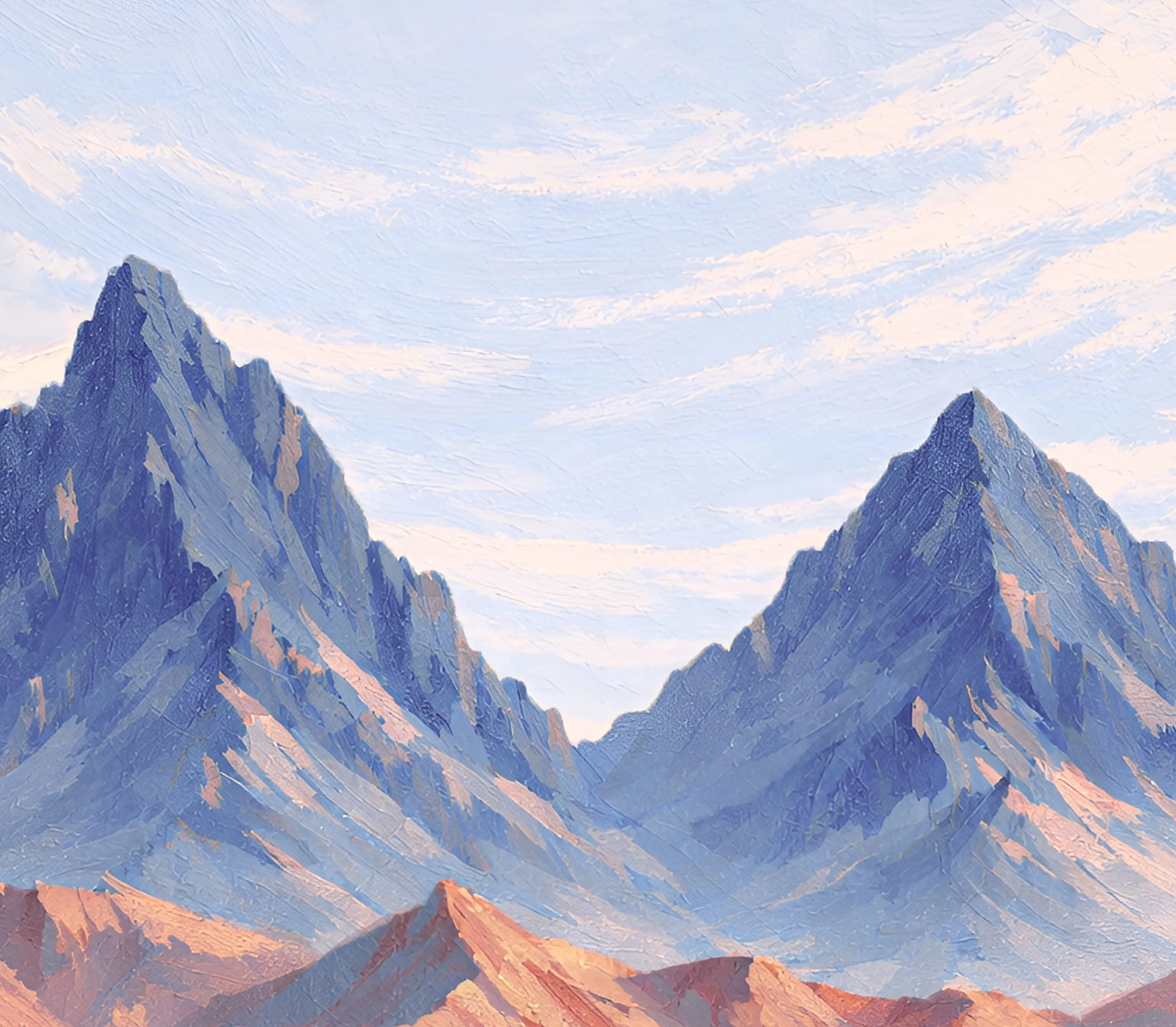 Painting of rugged mountain peaks under a sky with wispy clouds.