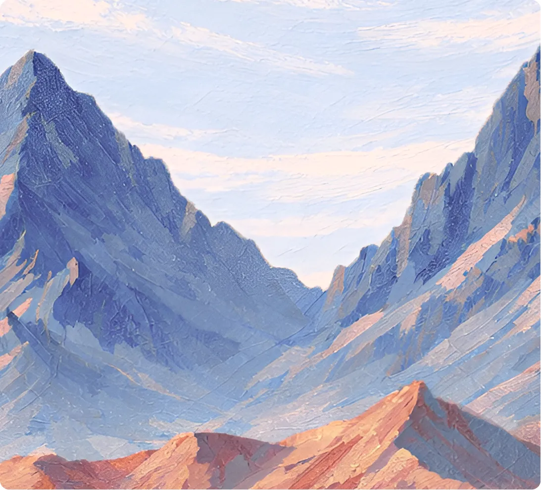 Oil painting of a mountain landscape with tall blue and purple peaks under a light sky.