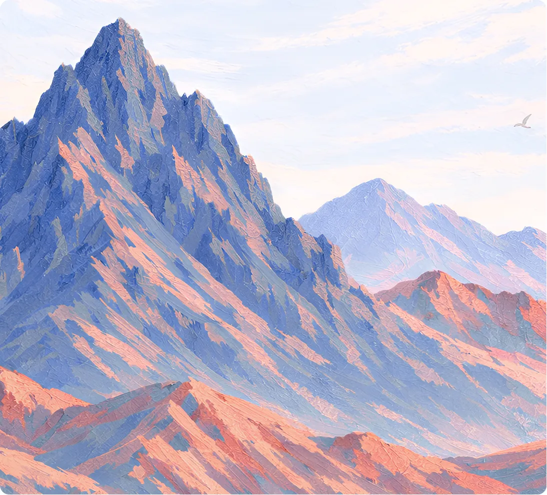 Painted mountain landscape with rocky peaks in shades of blue and orange under a pale sky with a flying bird.