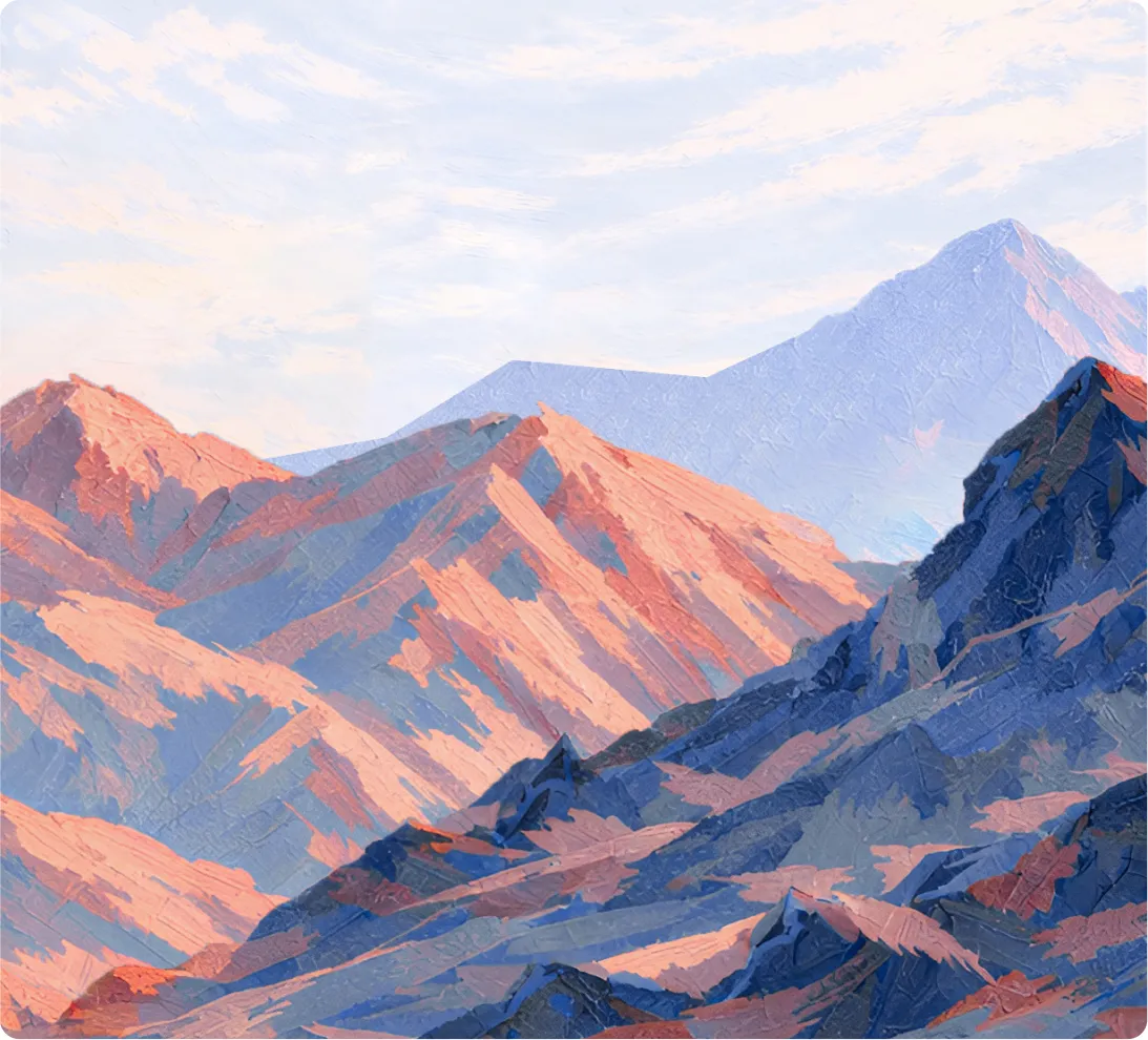 Painting of layered mountains in shades of pink, blue, and purple under a cloudy sky.