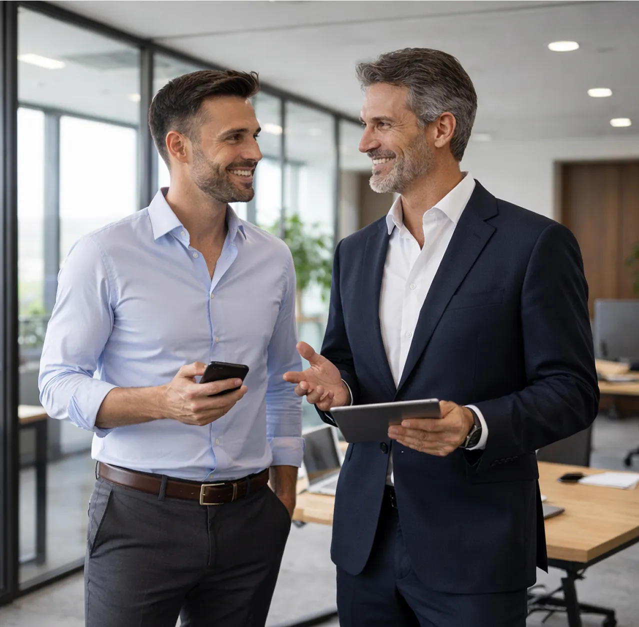 Two businessmen smiling and discussing with a tablet and smartphone in a modern office.