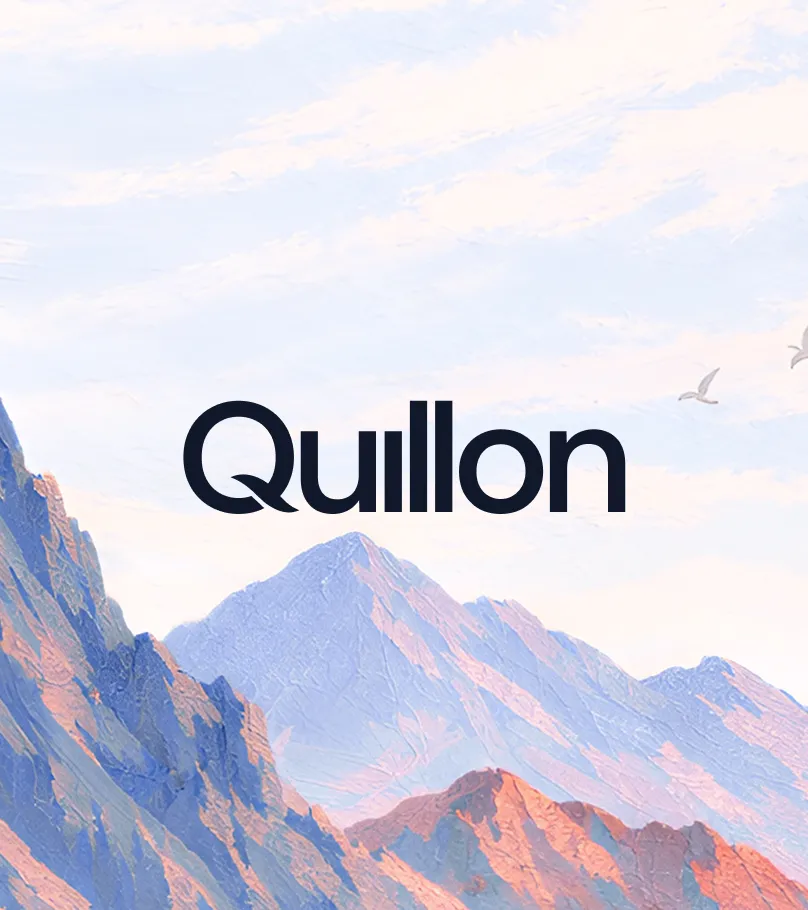The word 'Quillon' overlaid on a scenic mountain landscape with soft pastel skies and birds in flight.
