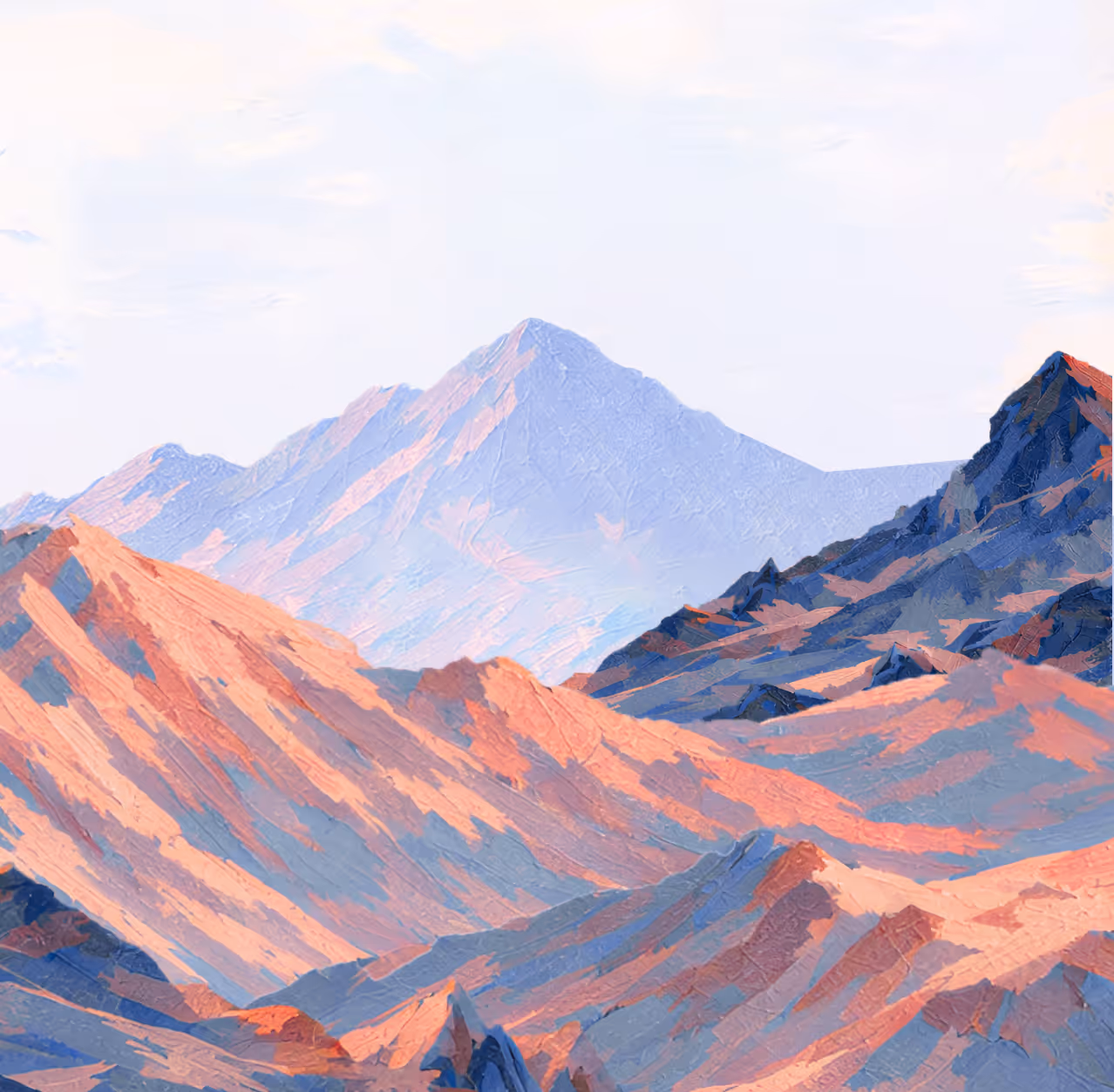 Abstract painted landscape of rugged mountains in shades of blue and warm orange tones under a pale sky.