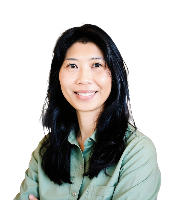Smiling Asian woman with long black hair wearing a light green button-up shirt.