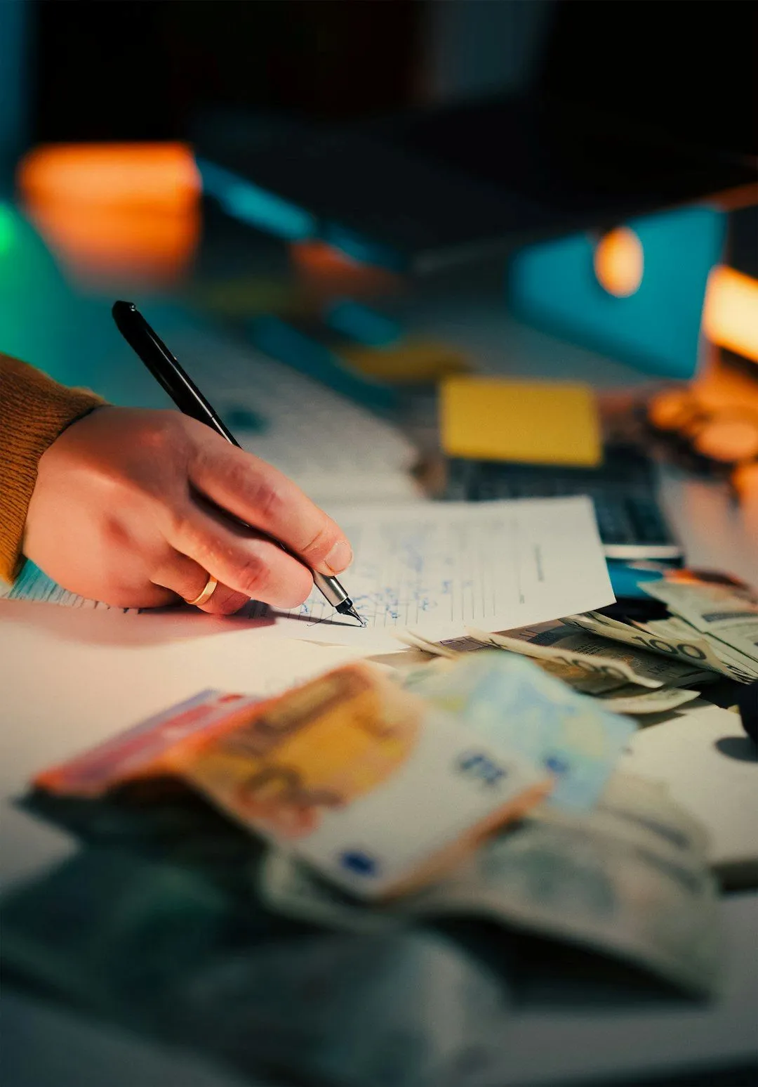 Hand wearing a ring writing on paper with a pen, surrounded by scattered euro banknotes on a desk.