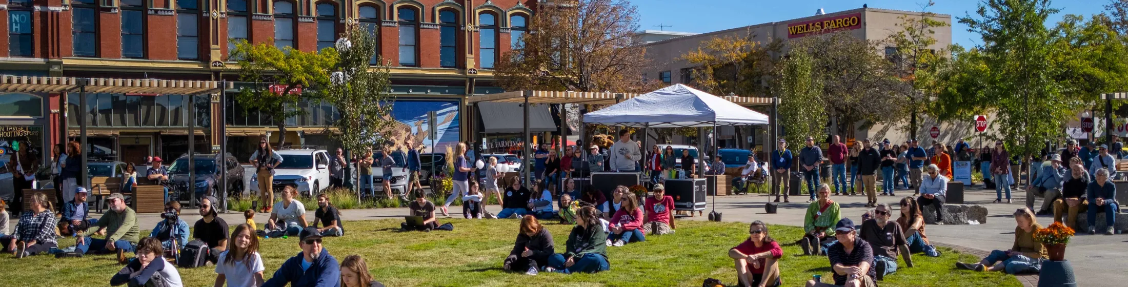 People sitting and standing on grass in a downtown area on a sunny day with historic brick buildings and a Wells Fargo building in the background.