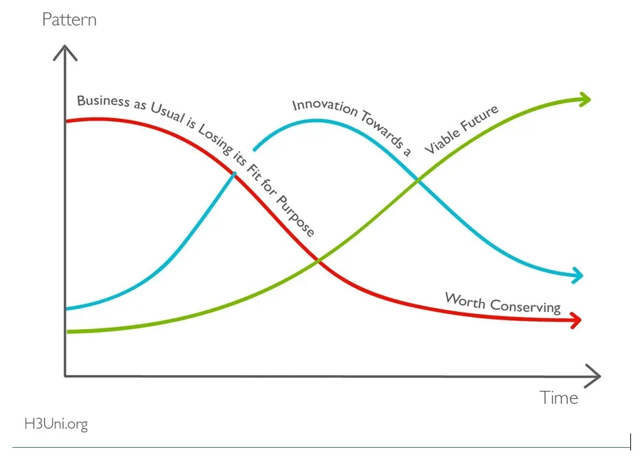 Three intersecting curves labeled 'Business as Usual is Losing its Fit for Purpose,' 'Innovation Towards a Viable Future,' and 'Worth Conserving' showing pattern changes over time.