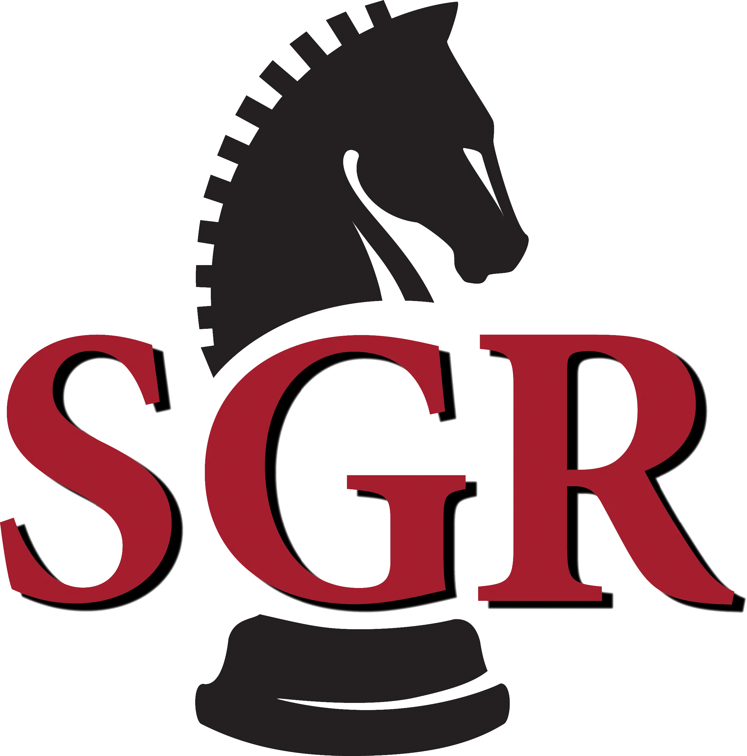 Stylized black knight chess piece with large red letters SGR over it.