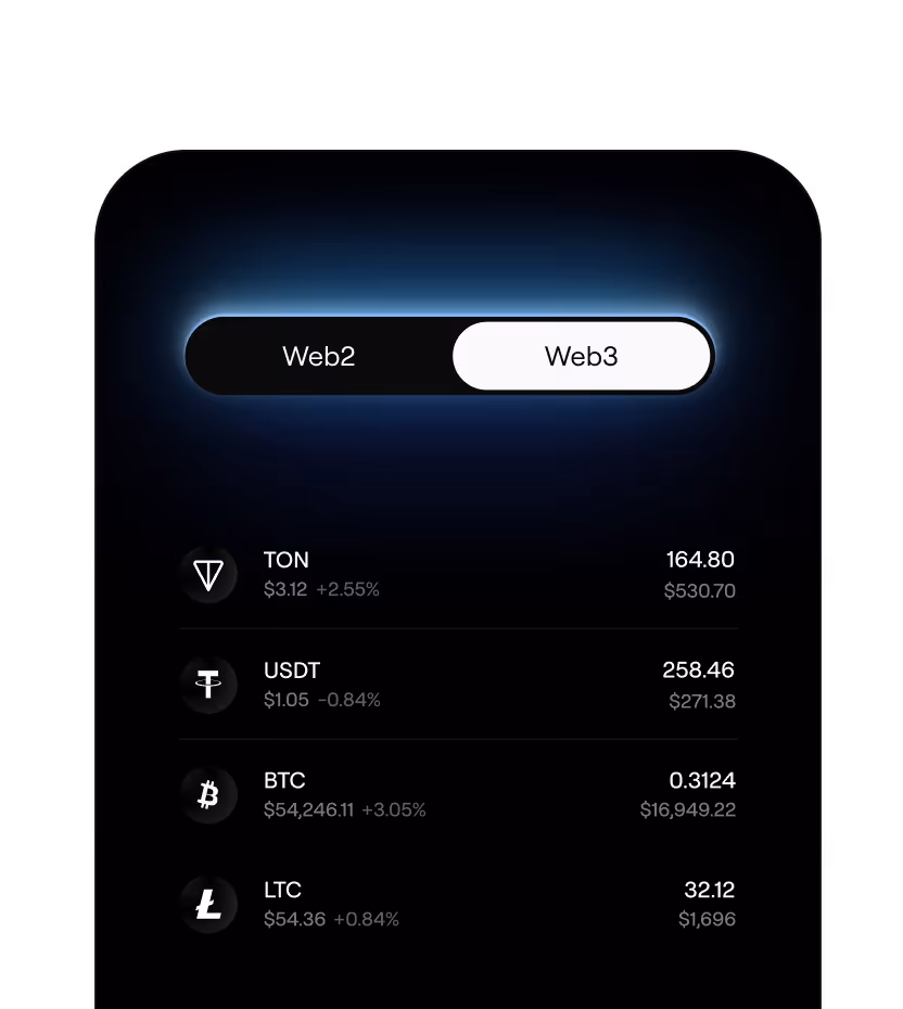 Cryptocurrency portfolio interface on dark screen showing Web3 tab with TON, USDT, BTC, and LTC coins, their prices, and percentage changes.