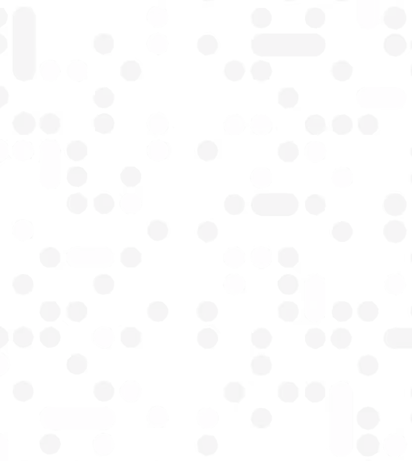 Black and white abstract pattern with scattered circles and rounded rectangles on a black background.