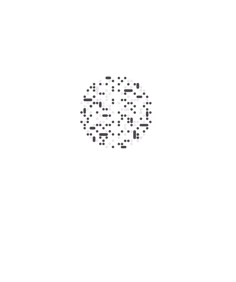 Circular QR code with black, white, and gray dots and dashes on a black background.