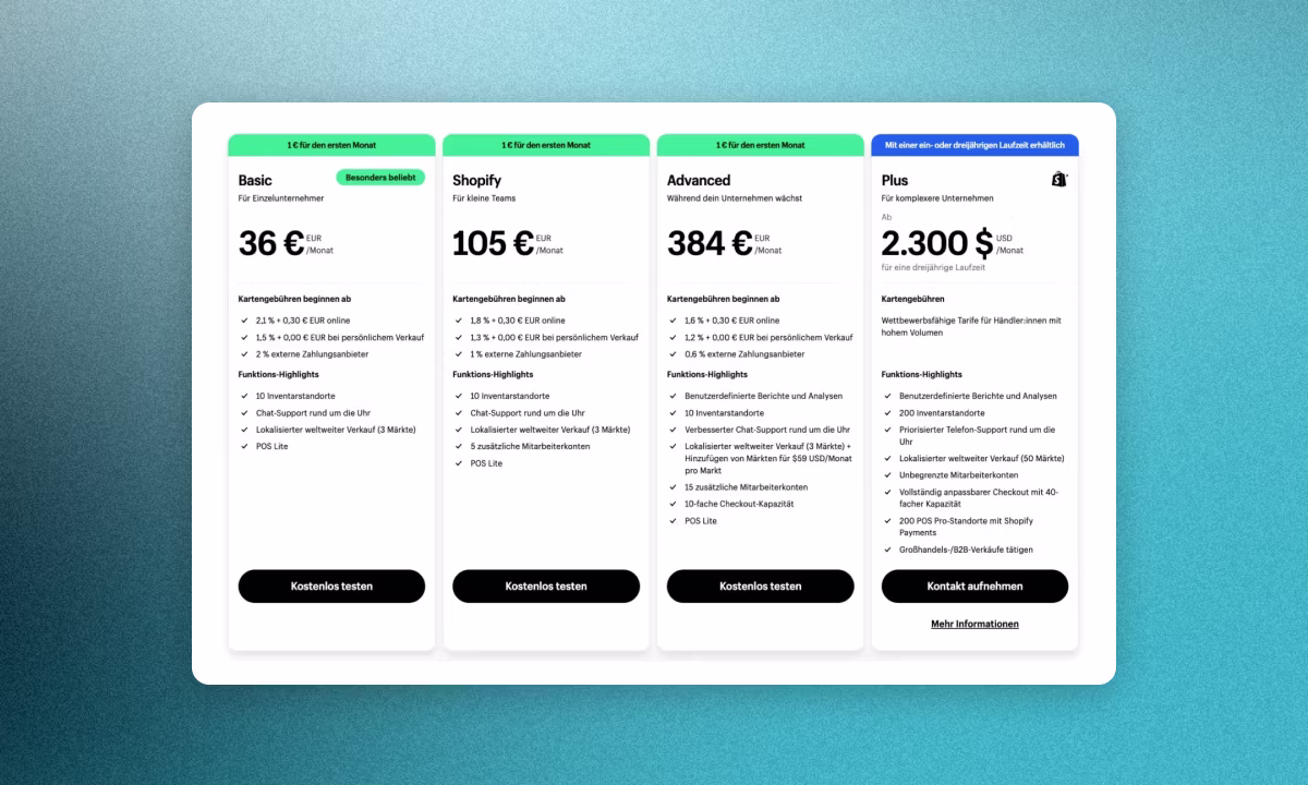 Shopify Preise im Überblick: Tarife Basic, Shopify, Advanced und Plus