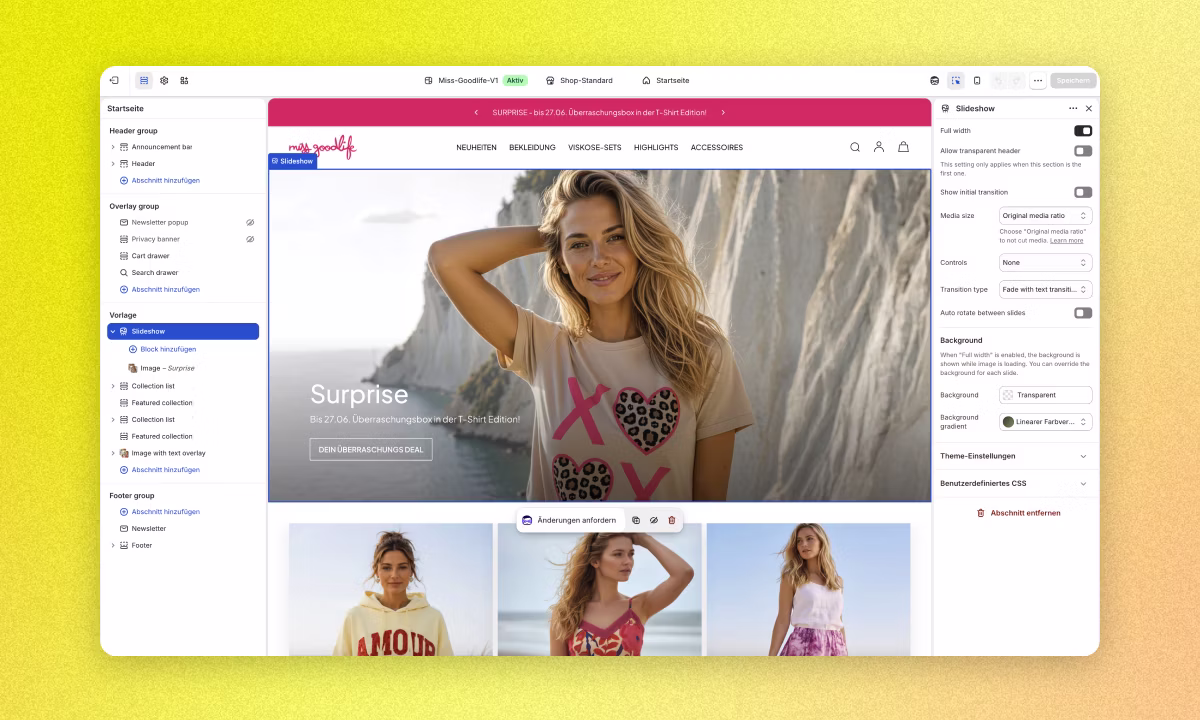 Shopify Backend: Übersicht des Theme-Editors