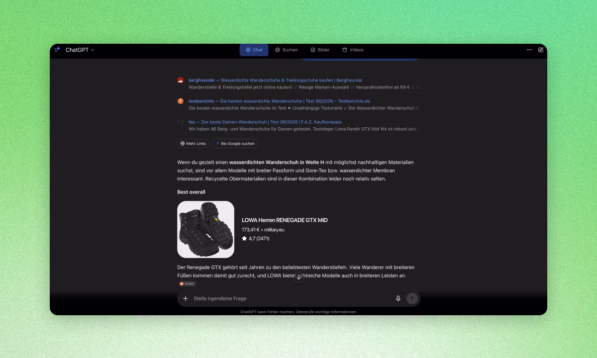 Shopify GEO: Produktempfehlung in einem ChatGPT-Suchergebnis