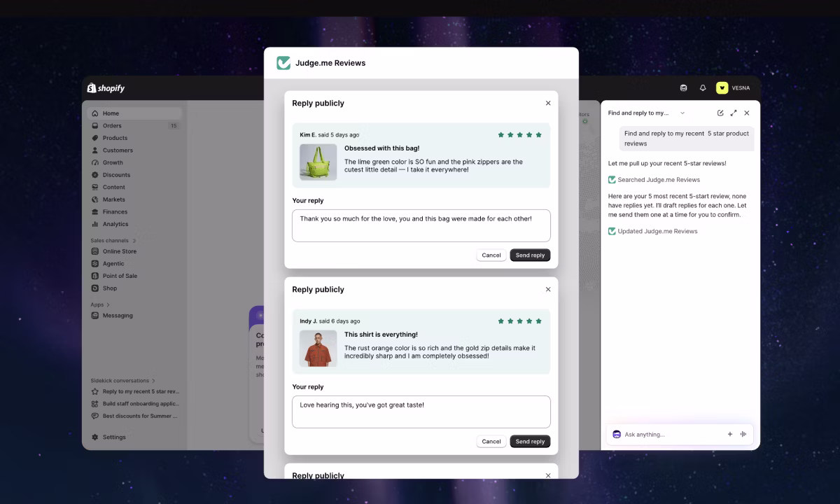 Shopify Sidekick beantwortet Fragen und steuert Apps im Admin