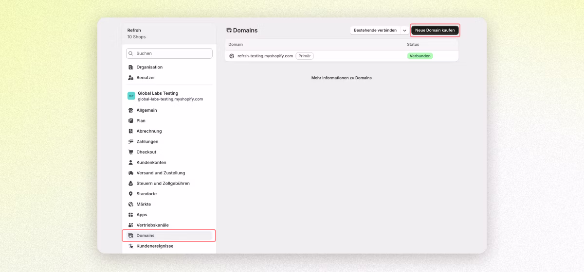 Shopify-Admin: neue Domain unter Einstellungen kaufen