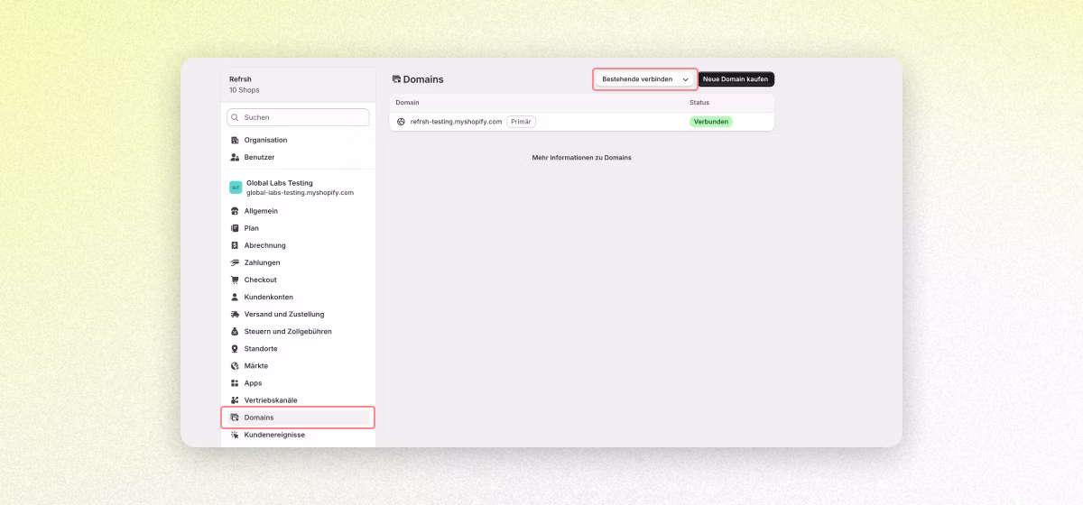 hopify-Admin: bestehende Domain verbinden unter Einstellungen → Domains
