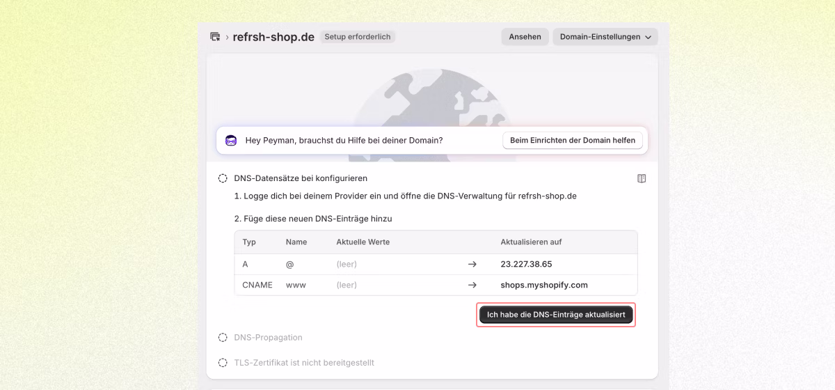Shopify: DNS-Einträge aktualisiert bestätigen