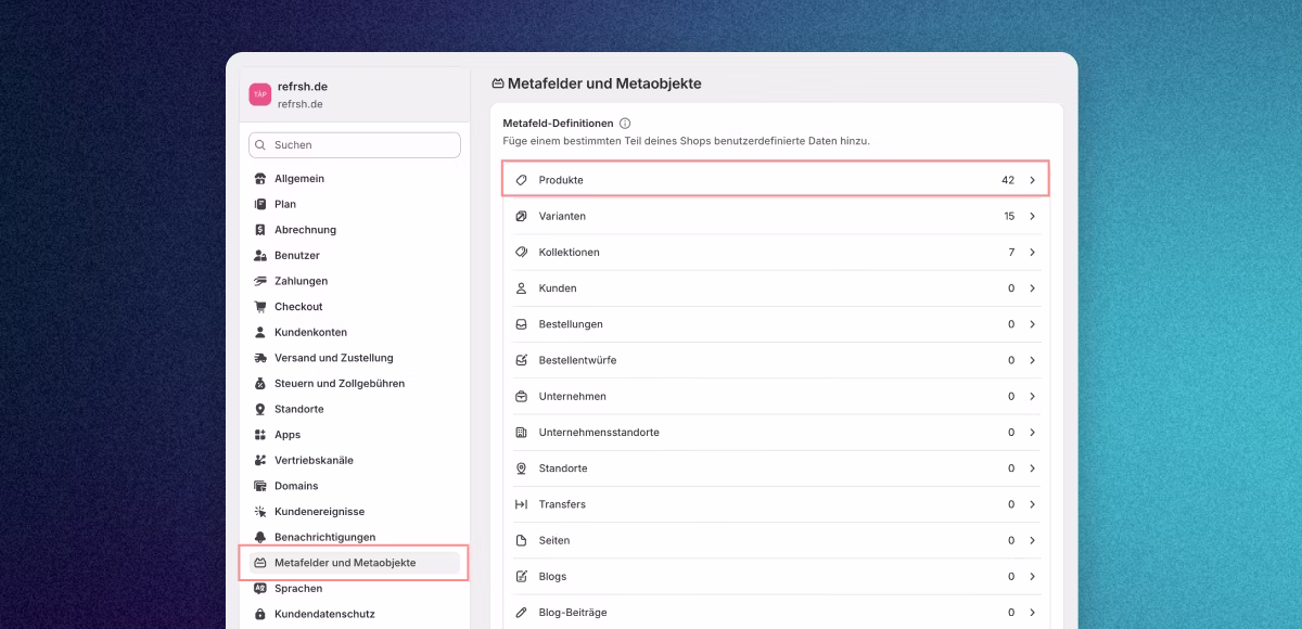 Shopify Benutzerdefinierte Daten im Admin – Übersicht der Metafields"