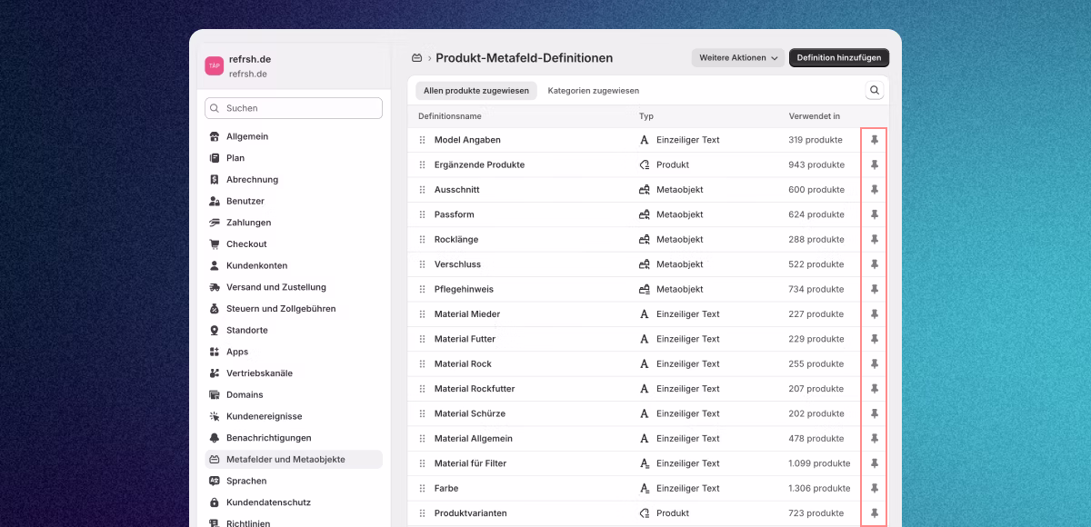 Metafield-Wert am Produkt im Shopify-Admin befüllen