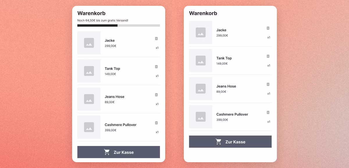 A/B-Test der Gratisversand-Schwelle in Shopify: Fortschrittsbalken im Warenkorb gegen keinen Hinweis