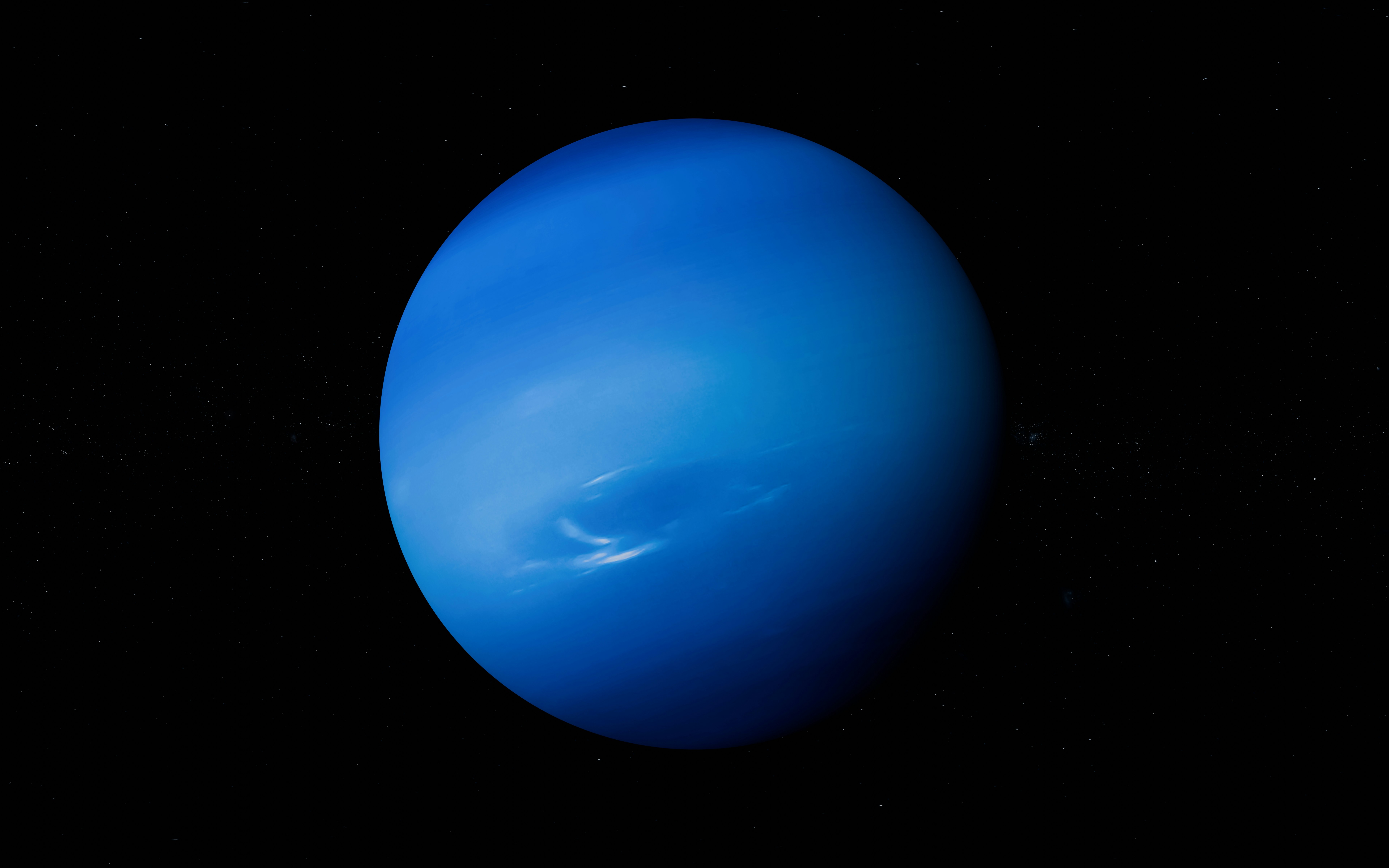 Blue planet Neptune in dark space with faint clouds and stars.