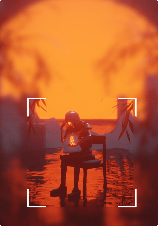 Robot figure sitting on a chair against an orange sunset
