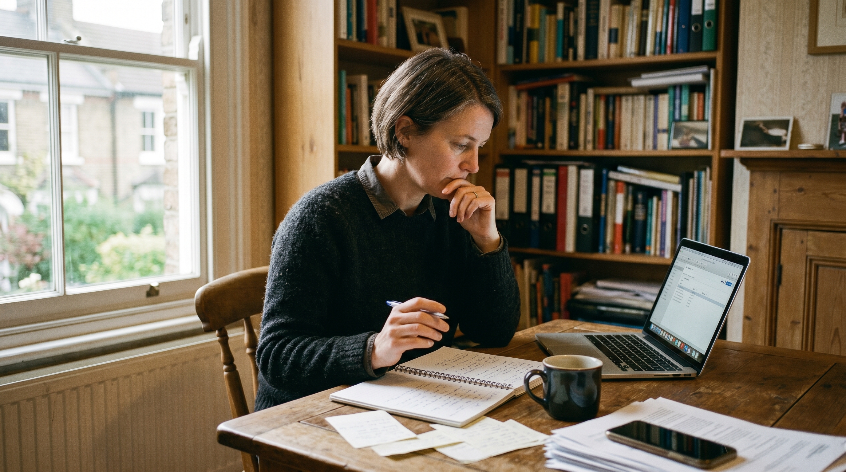 An established business owner sitting at a wooden desk, paused with hand over an open notebook, laptop and coffee mug nearby, late afternoon window light