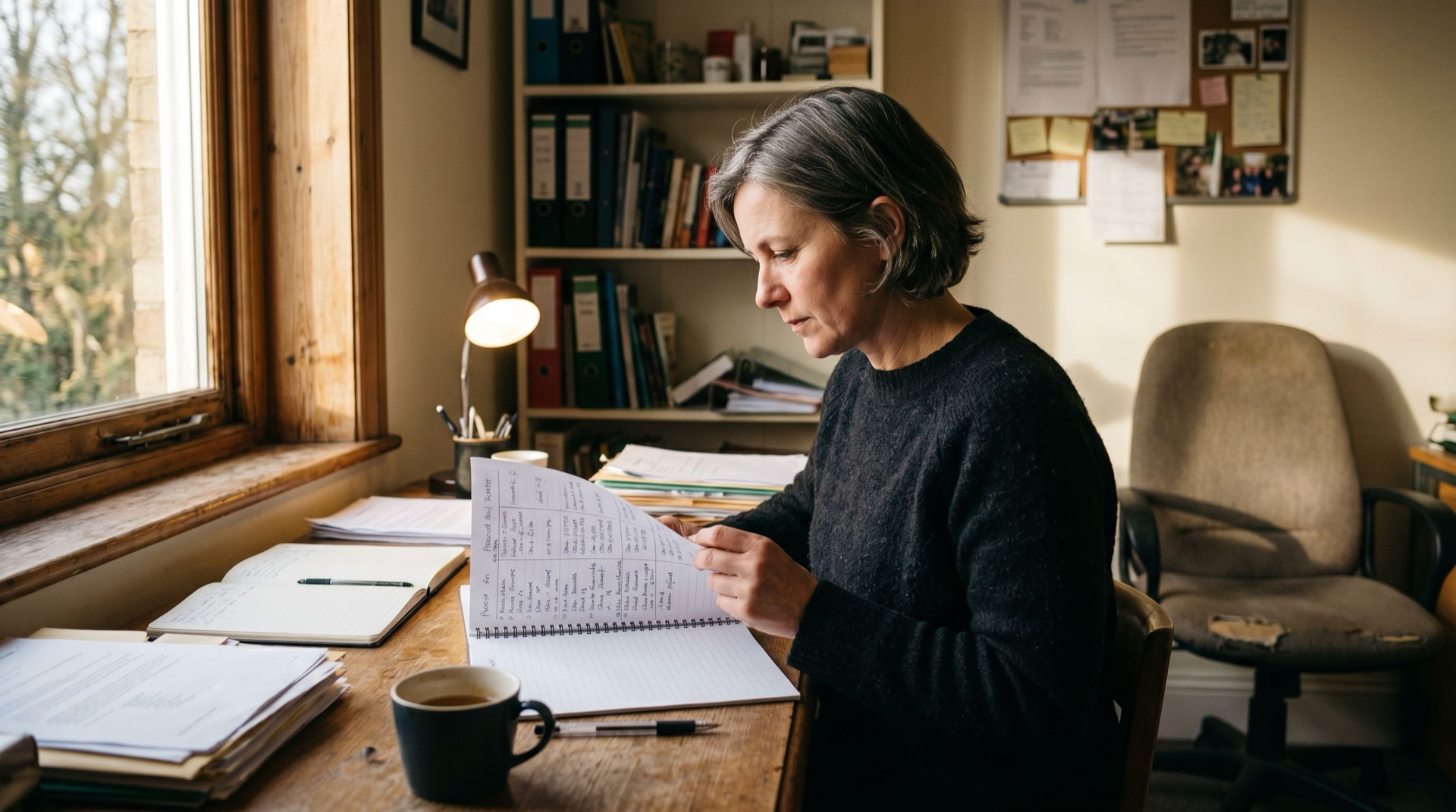 A founder at a desk in late afternoon flipping through a printed contacts notebook, mug nearby