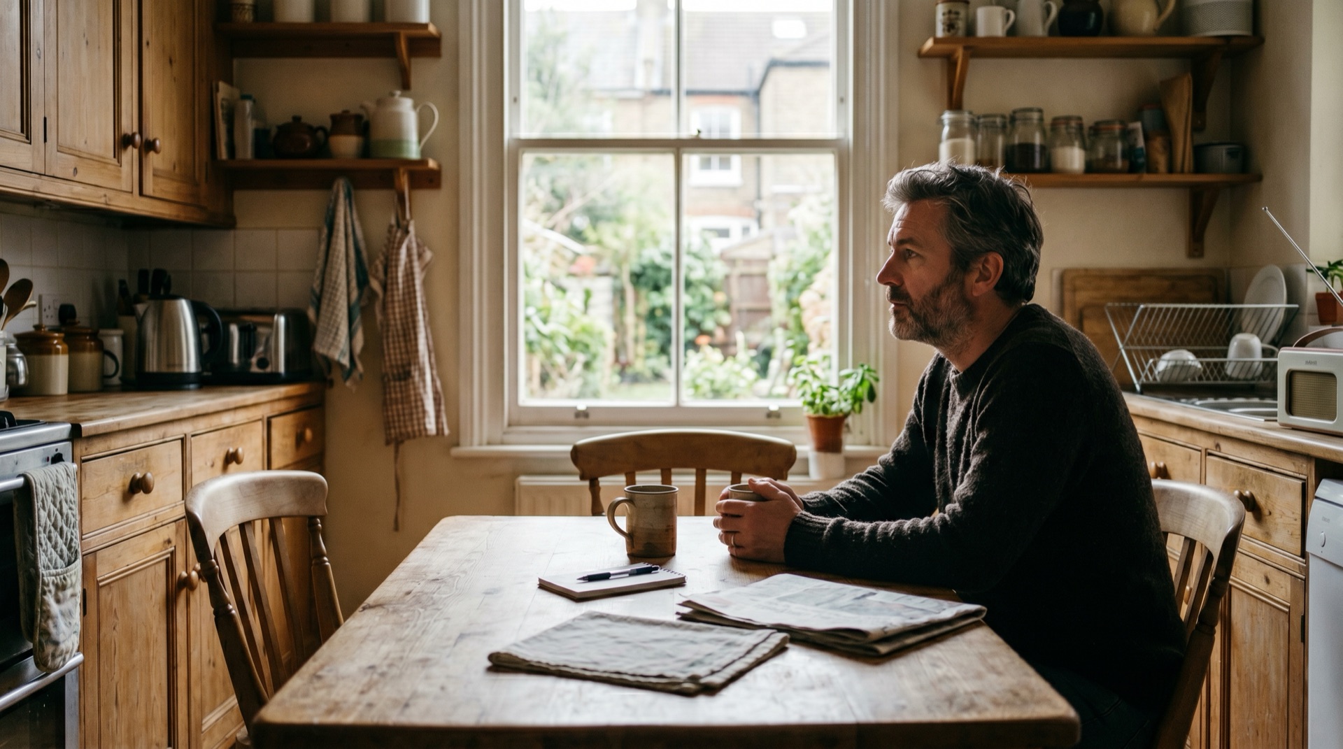A founder alone in a kitchen on a Saturday morning, coffee mug at the side, looking out at light from the window