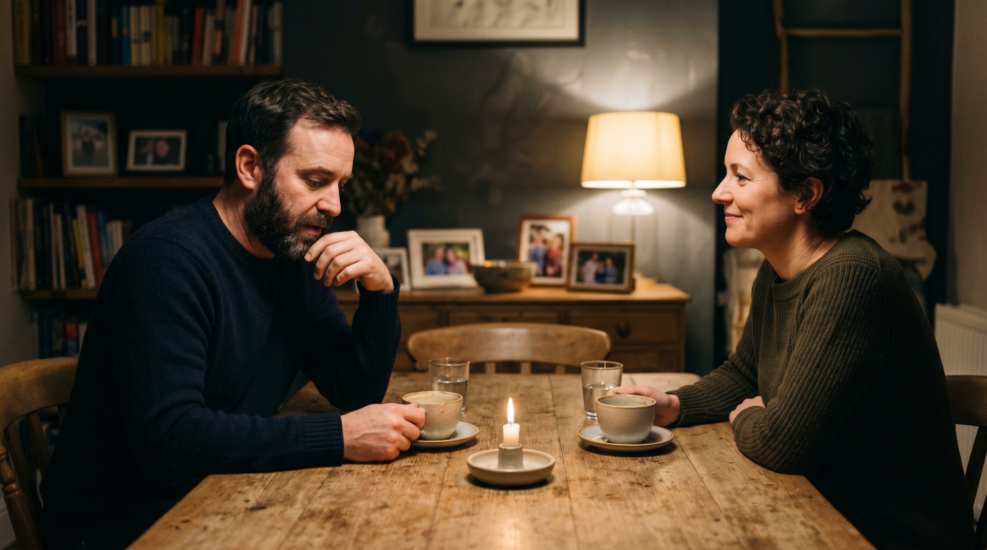 A founder and partner at a home dining table after dinner, two coffee cups, a candle, mid-conversation in warm evening light
