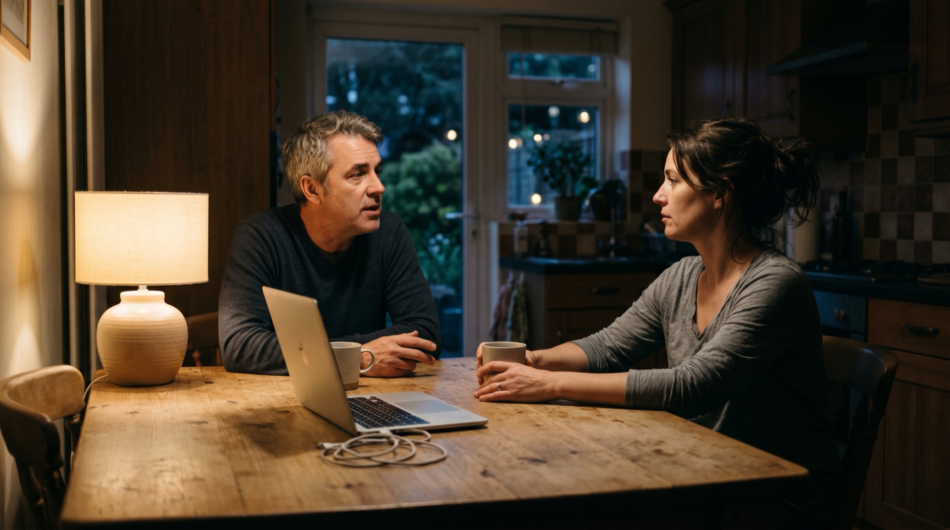 Two people across a kitchen table on a Sunday evening, a laptop pushed aside, two mugs, mid-conversation in soft warm light