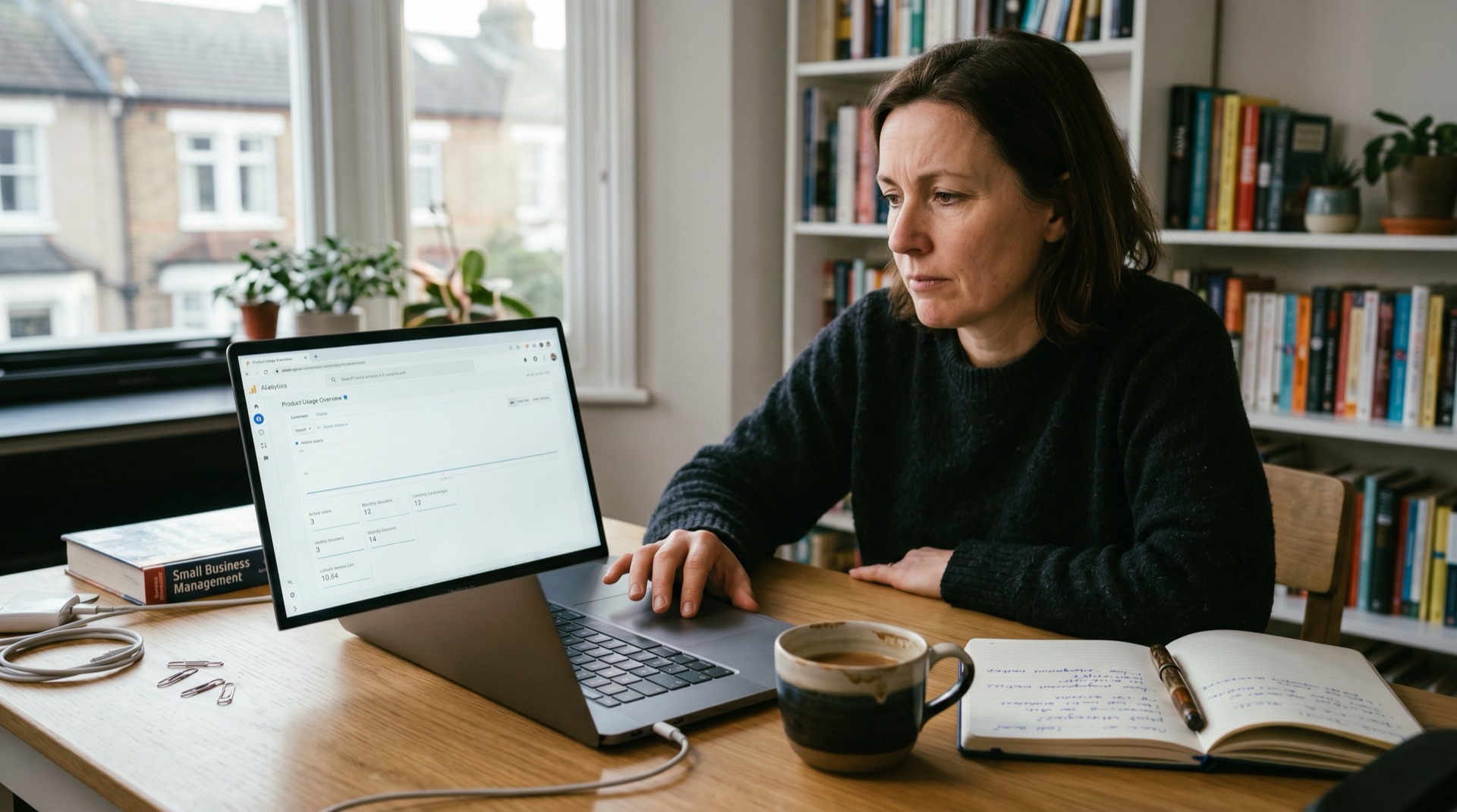 A founder at a desk in a quiet small office, looking at a near-empty usage dashboard on a laptop, a coffee cup nearby, hand resting on the trackpad