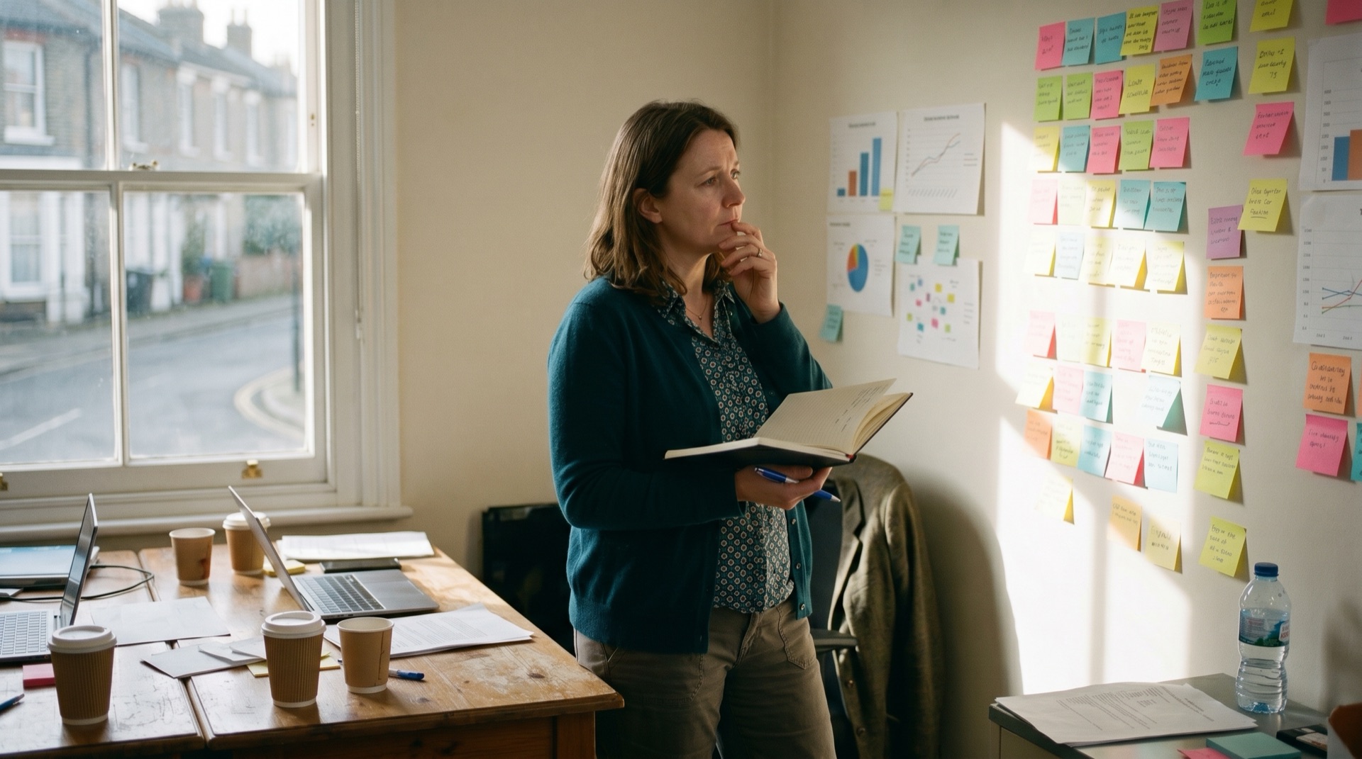 A founder standing alone in a quiet office in the late afternoon, looking at a wall covered in handwritten sticky notes, with a notebook in hand