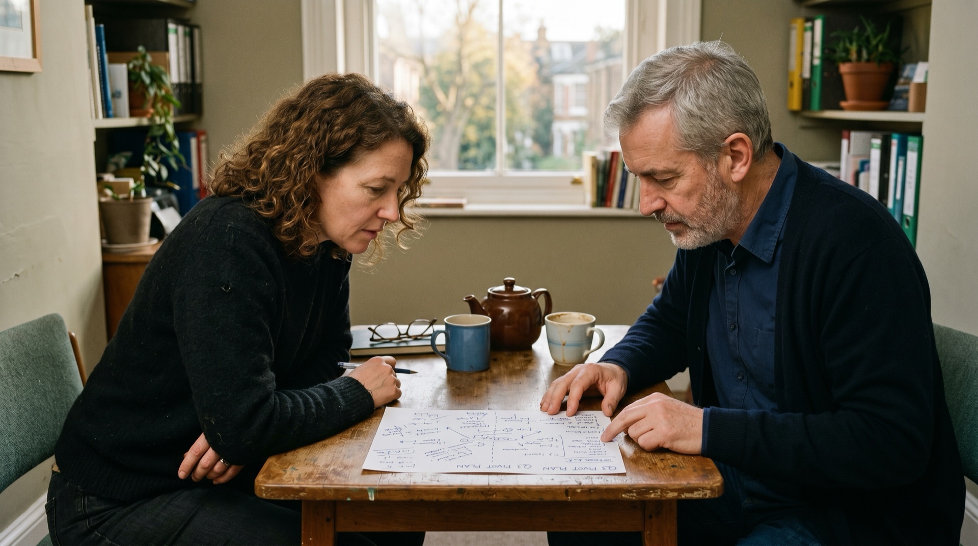 A founder and a fractional executive sitting on the same side of a table in a meeting room, both leaning in over a sheet of paper with handwritten notes between them