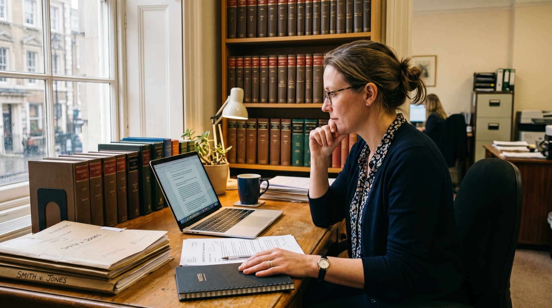 A senior solicitor at her desk in a working law firm office, looking thoughtfully at her laptop screen with a printed contract on the desk beside her, hand resting on a closed notebook