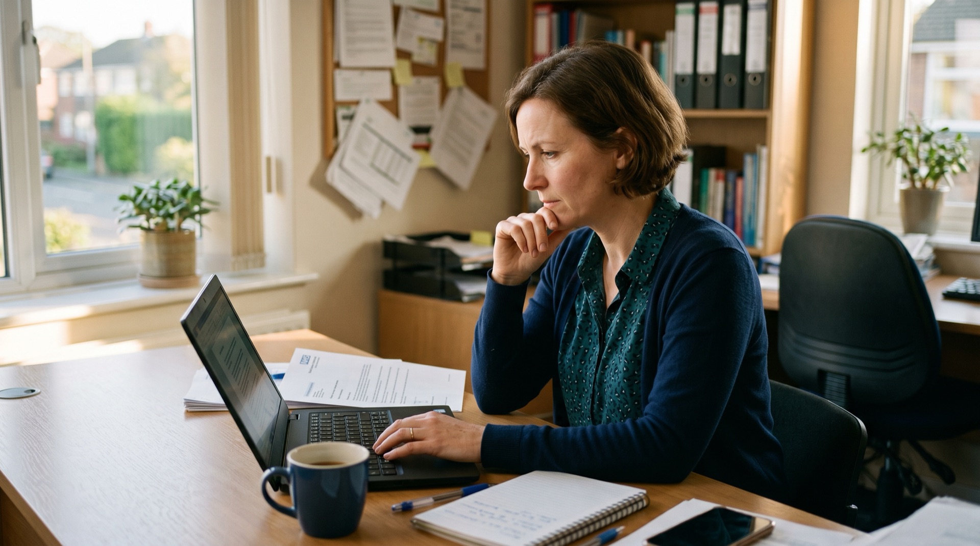 A clinical lead at a desk in a small outpatient practice, looking at her laptop with a thoughtful expression, a printed document on the desk beside her, a coffee cup nearby