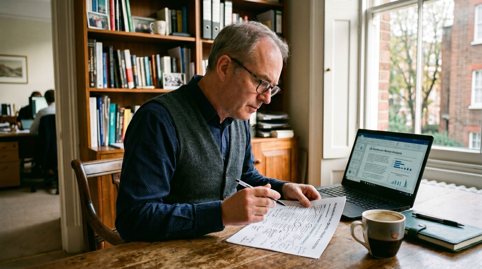 A managing partner at his desk in a boutique consulting office, reviewing a printed resourcing plan with handwritten margin notes, a laptop open beside him, a thoughtful expression