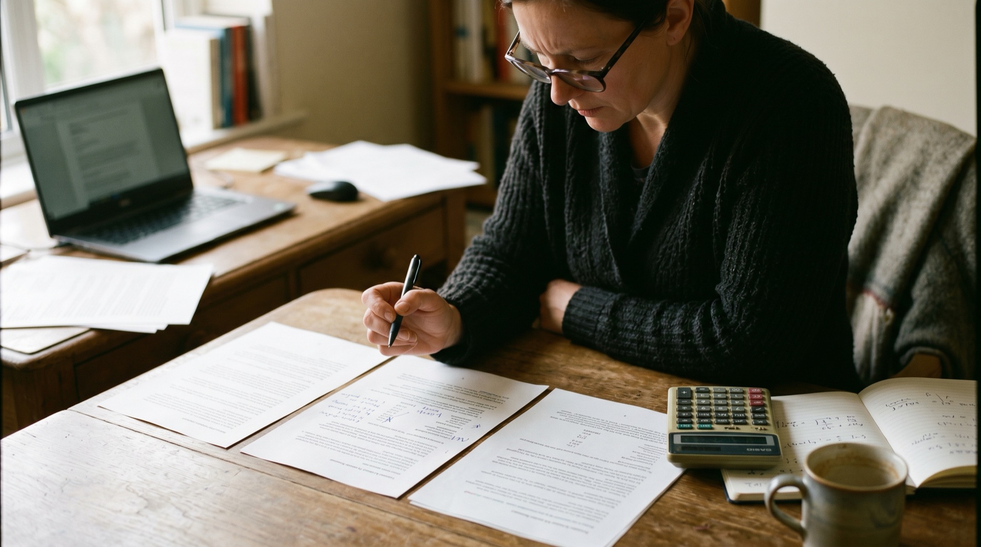 A founder at a desk comparing three printed quotes laid side by side with a notebook and calculator nearby