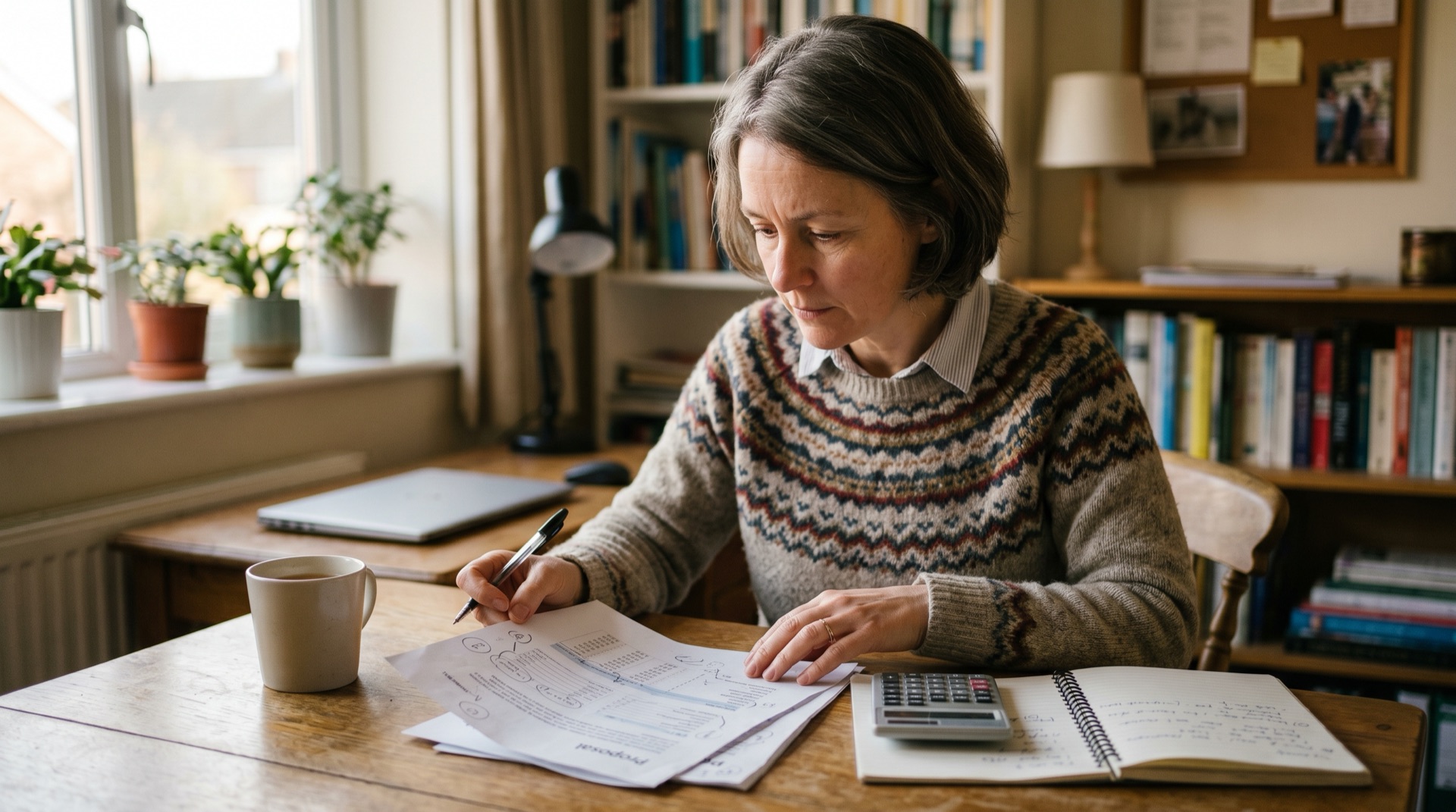 A founder at a desk reading a printed proposal with a calculator and notebook beside it